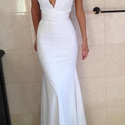 Fitted White Deep V Neck Mermaid Prom Dress, Formal Gown, Evening Dress
