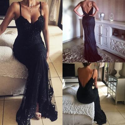 Open-Back Sexy Spaghetti-Straps Black Beadings Appliques Prom Dress Prom Dresses