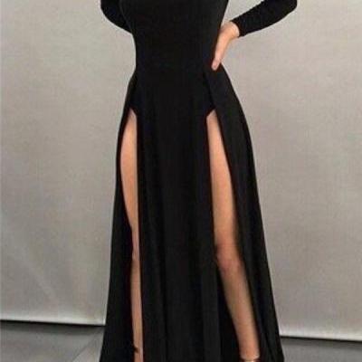 Black Long Sheath High Neck Formal Dress Long Sleeve Sexy Front Splits Evening Gowns