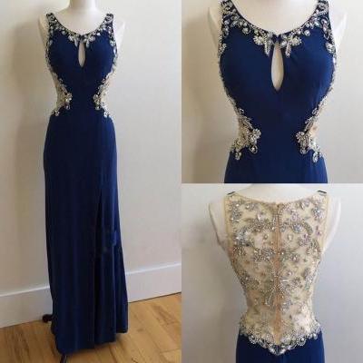 Long Dark Blue Chiffon Beaded Crystals Prom Dresses See Through Back Mermaid Formal Gowns Sexy Party Evening Dresses