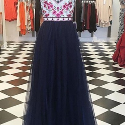 Modern Halter Floor-Length Navy Blue Prom Dress with Embroidery Beading