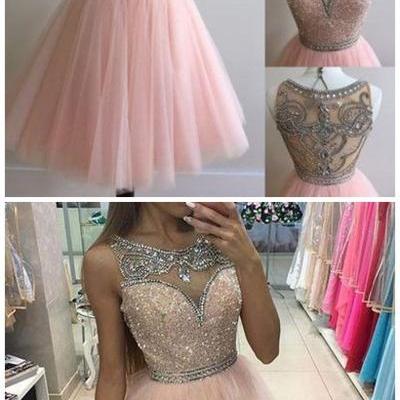 Chic Pink Short Prom Dress - Bateau Sleeveless Sequin Beaded Illusion Back 