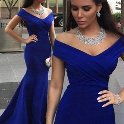 Sexy Off the Shoulder Short Sleeves Royal Blue Prom Dress with Pleats