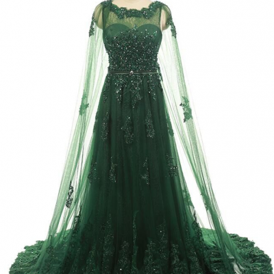 Elegant Women Formal Evening Gowns Dresses Beaded Lace Prom Dresses With Long Appliques Tulle Cape Emerald Green Evening Dress