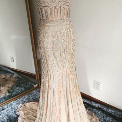 champagne prom dress,mermaid prom dress,mermaid evening dress,gold beading dress,prom dress 2017,luxury evening gowns