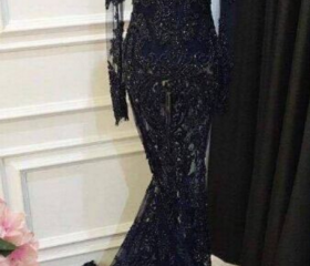 High-Neck Mermaid Prom Dress with Black Appliques