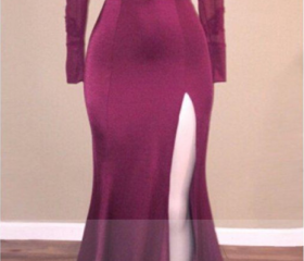 Glitter Half Sleeves Key hole Mermaid Party Dress Burgundy