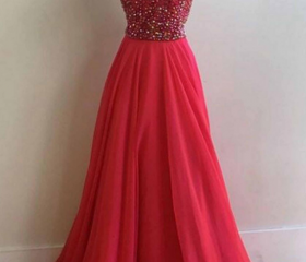 A-Line Jewel Floor-Length Red Chiffon Long Prom Party Dress with Ruffles DMP5 main image 1