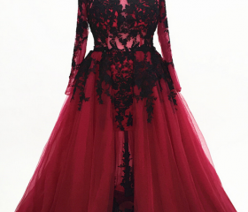 Elegant Burgundy Long Sleeves Chiffon Long Party Dress, DP3626 main image 1