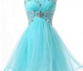Blue Straps Sweetheart Beaded Party Dress, Blue Short Homecoming Dress Prom Dress