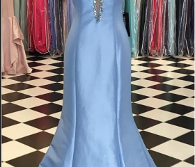 Cute Blue Satin Mermaid Evening Dress Prom Dress With Flower Y7777
