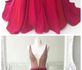 Classic Chiffon Dress with Deep V Neck Fuchsia