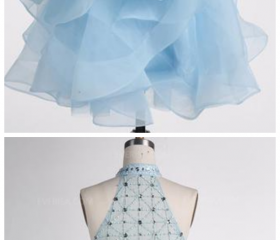 Blue Decorative Pattern Halter Lace Tight Homecoming Dress PD498