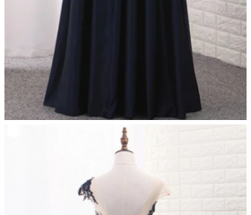 A Line Scoop Long Sleeves Appliques Satin Prom Dress LBQ3791 main image 1
