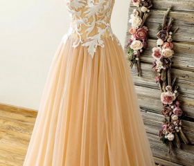 Sexy Dark Champagne Strapless Sweetheart A-line Tulle Long Prom Dress, PD3234 main image 0