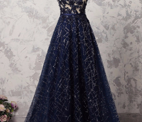 A-line Navy Blue Sequins and Tulle Party Dress, Navy Blue Halter Long Prom Dress