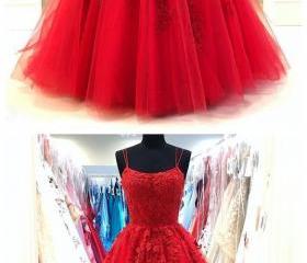 Red Lace Prom Dresses Spaghetti Straps