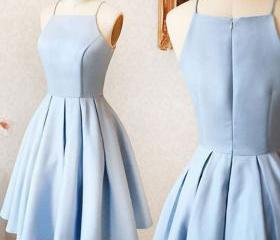 Cute A Line Halter Light Blue Tiered Short Homecoming Dresses with Appliques VK24100709