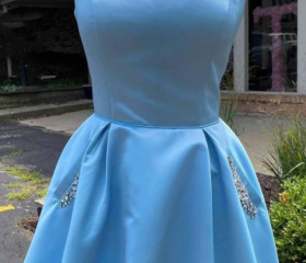 Cap Sleeves Light Blue Satin Short Homecoming Dress With Beaded Bodice ...