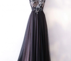 Tulle with Lace Appliqued Long Dresses Chocolate