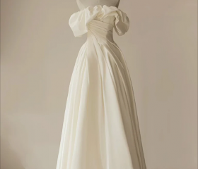 Ivory Satin Beaded Off Shoulder A-line Party Dress, A-line Long Satin Prom Dress main image 1