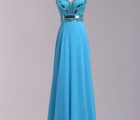 Sweetheart Long Dress Prom Beaded Blue Chiffon Dress For Partys Elegant ...