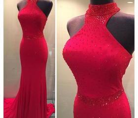 Hot Selling A Line Halter Red Long Prom Dress   C790