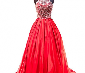 A Line Beading Satin Open Back Prom Dresses LBQ3428 main image 1