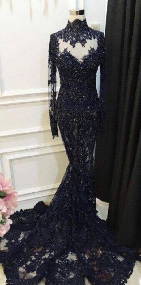 Long Sleeve High Neck Beads Appliques Mermaid Evening Gown JTE388 main image 1