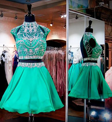 Green High Neck Homecoming Dresses, Two Pieces Rhinestone Homecoming Dresses, Open Back Chiffon Homecoming Dresses, Short Prom Dresses,