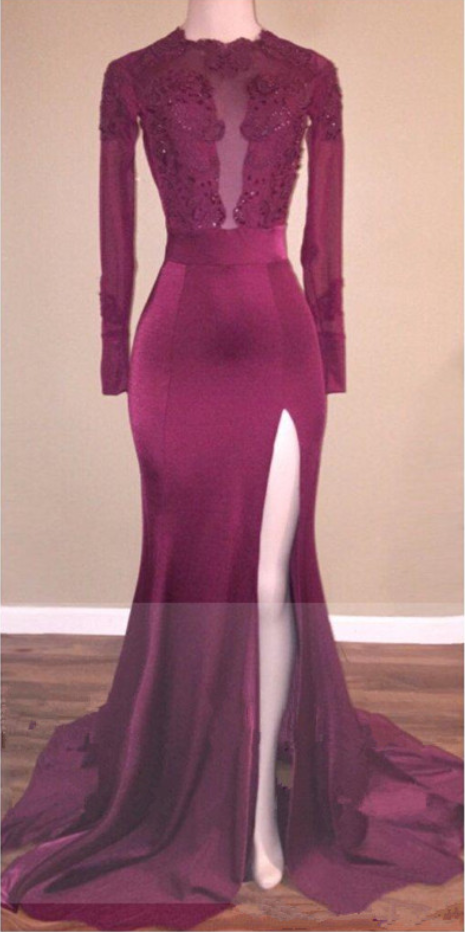 8553 Burgundy Slit Mermaid Dress