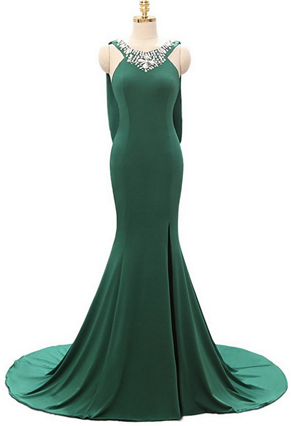 A Line Train Emerald Homecoming Dresses Side Split Long Prom Gowns