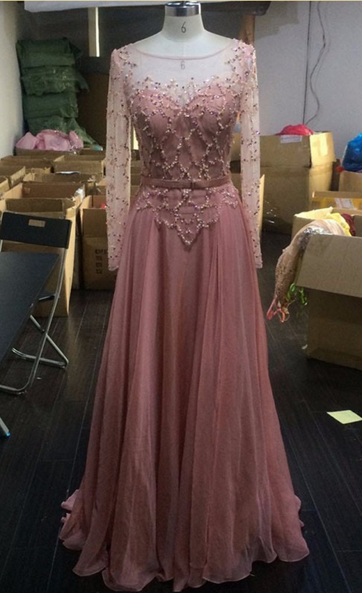 Peach Chiffon See-through Long Sleeves A-line Round Neck Sequins Simple Long Prom Dresses
