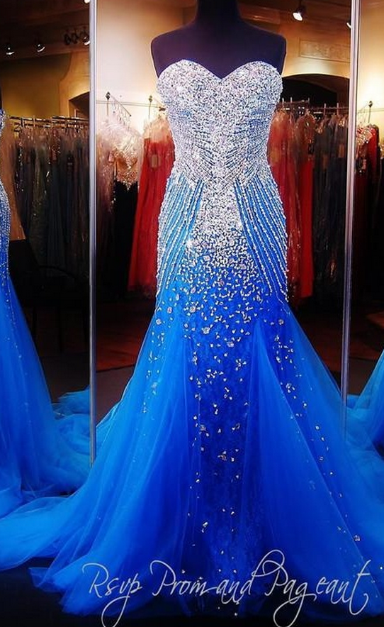 Luxury Blue Mermaid Prom Pageant Dress With Sweetheart Sleeveless Sweep Train Sparkling Crystal Beading Tulle Formal Christmas Evening Dress