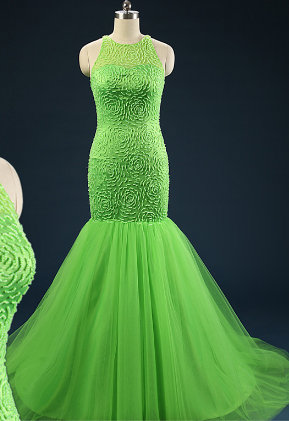 Real Pictures Bright Green Elegant Mermaid Prom Dresses Jewel Keyhole Evening Party Dresses With Beaded