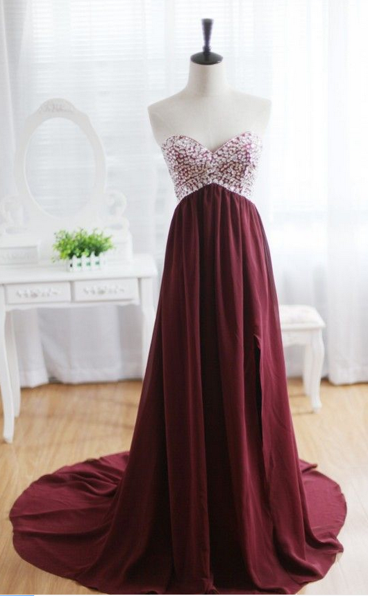 Custom Made A Line Maroon Sweep Train Prom Dresses, Formal Dresses, Evening Dresses
