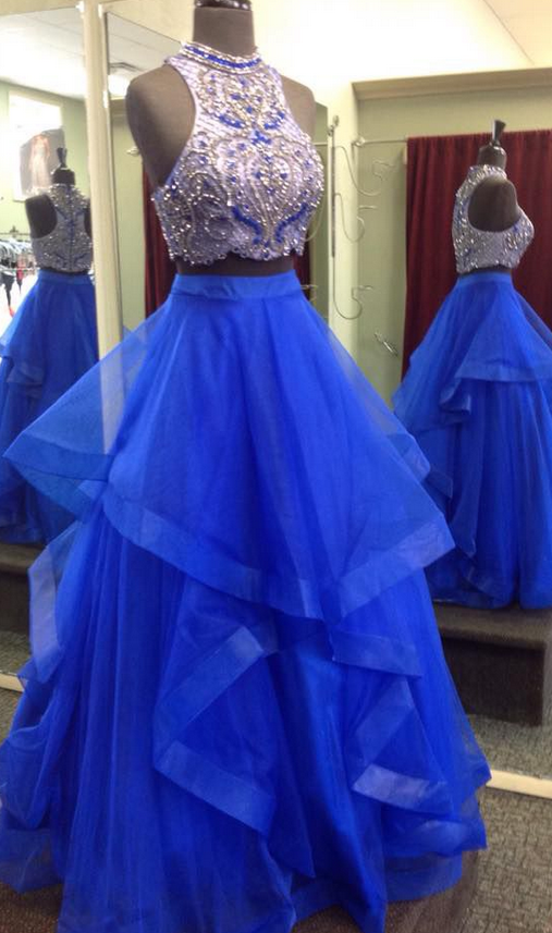 Royal Blue Prom Dresses, 2 Piece Prom Gowns,2 Pieces Prom Dresses,sexy Party Dresses,long Prom Gown,tulle Prom Dress