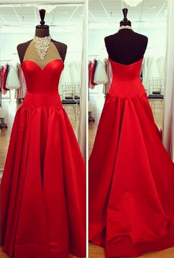 A Line Evening Dresses, Long Evening Formal Gown,red Halter Prom Dress