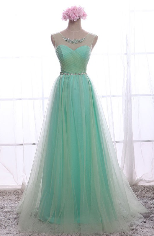 Charming Crystal Tulle Long Prom Dresses Floor Length Formal Dresses Sleeveless Evening Party Dresses