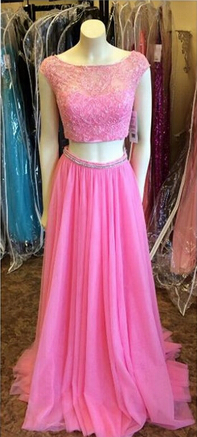Cap Sleeves Two Pieces Long Prom Dresses, ,graduation Dresses ,two Pieces Evening Dresses