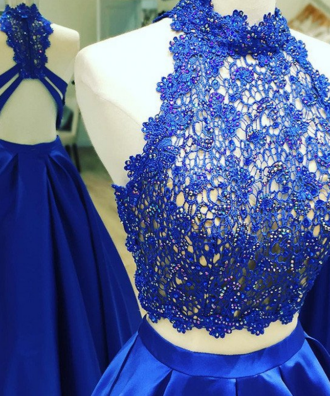 Blue Two Pieces Lace Long Prom Dress, Blue Lace Evening Dress