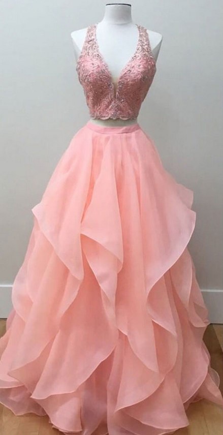 Pink Two Pieces Lace Long Prom Dress, Pink Evening Dress