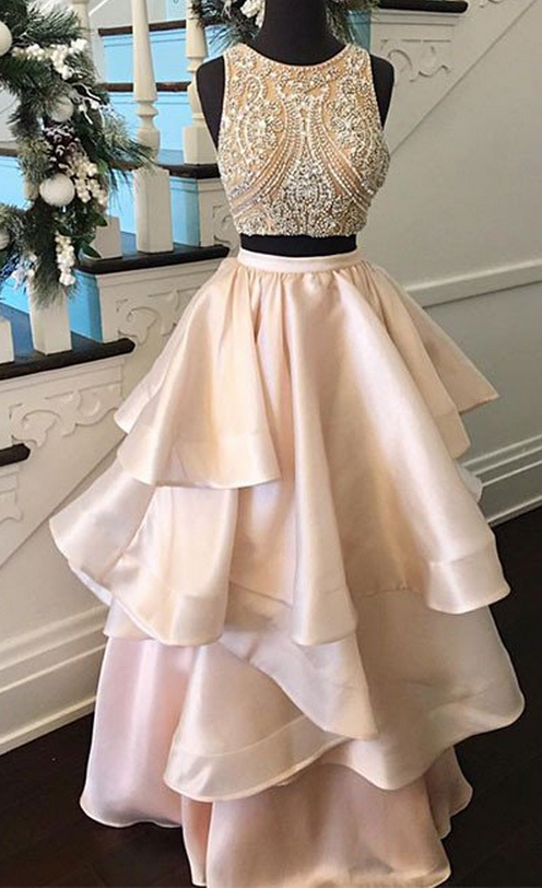 Pink Two Pieces Beaded Long Prom Dress, Pink Evening Dress