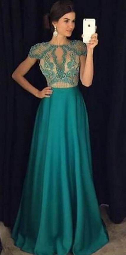Green Prom Dress, Cap Sleeve Prom Dress, Prom Dresses
