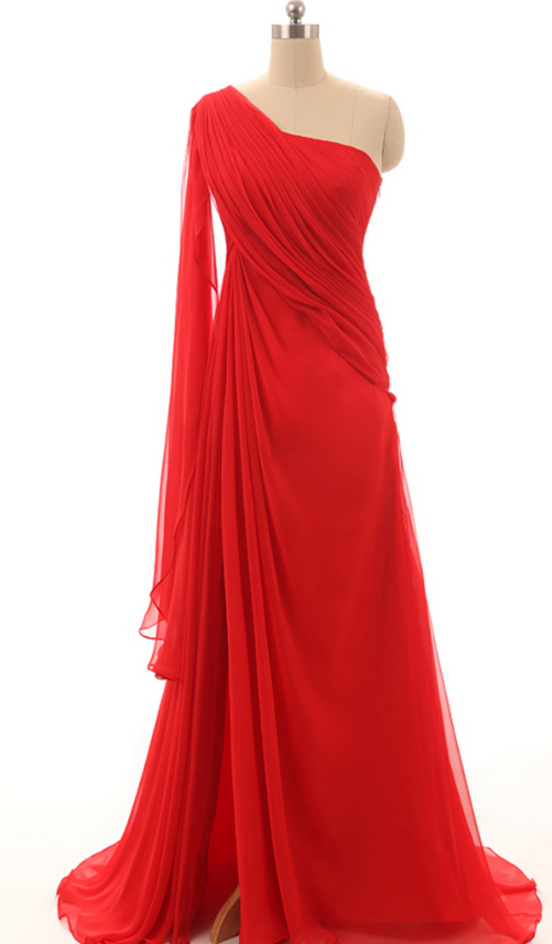 Simple Red Dresses,sexy One Shoulder Long Prom Dresses, Chiffon A-line Formal Dresses
