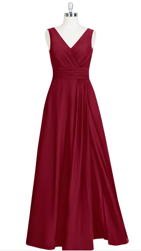 Elegant Burgundy V Neck Prom Dress,low Back Formal Gown,floor Length Bridesmaid Dress