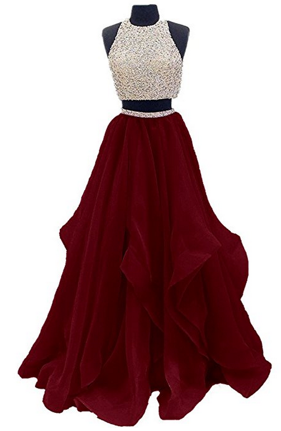 Prom Dresses,Prom Dresses ,Two Piece Floor Length Organza Prom Dress Beaded Evening Gown