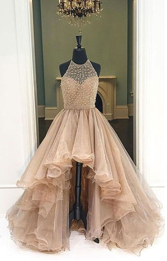 Prom Dresses,prom Dresses Evening Dresses,champagne Prom Dresses, Organza Halter High Low A-line Long Prom Formal Party Evening Dress