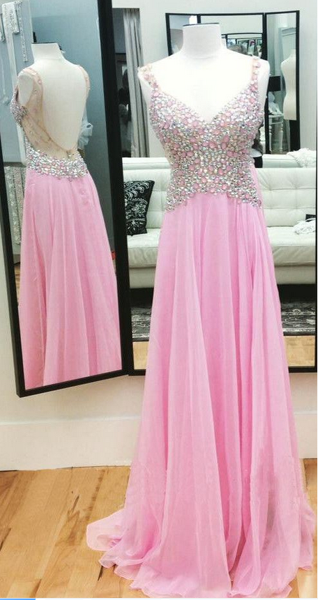Pink Beaded Embellished Plunge V Sleeveless Chiffon Floor Length A-line Formal Dress Featuring Open Back