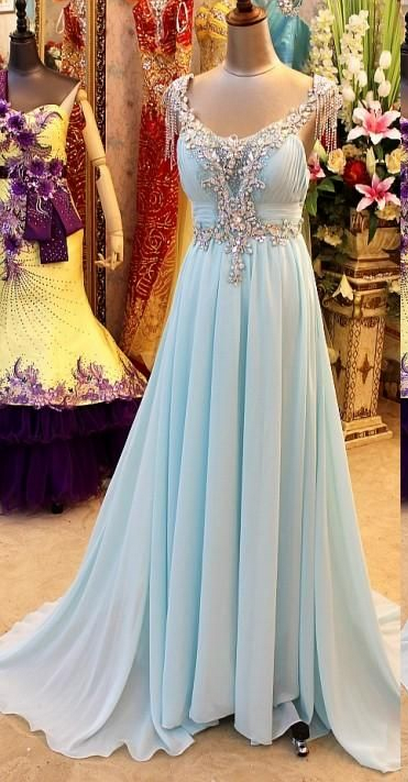 Scoop Neck Long Chiffon Prom Dresses With Crystals Party Dresses